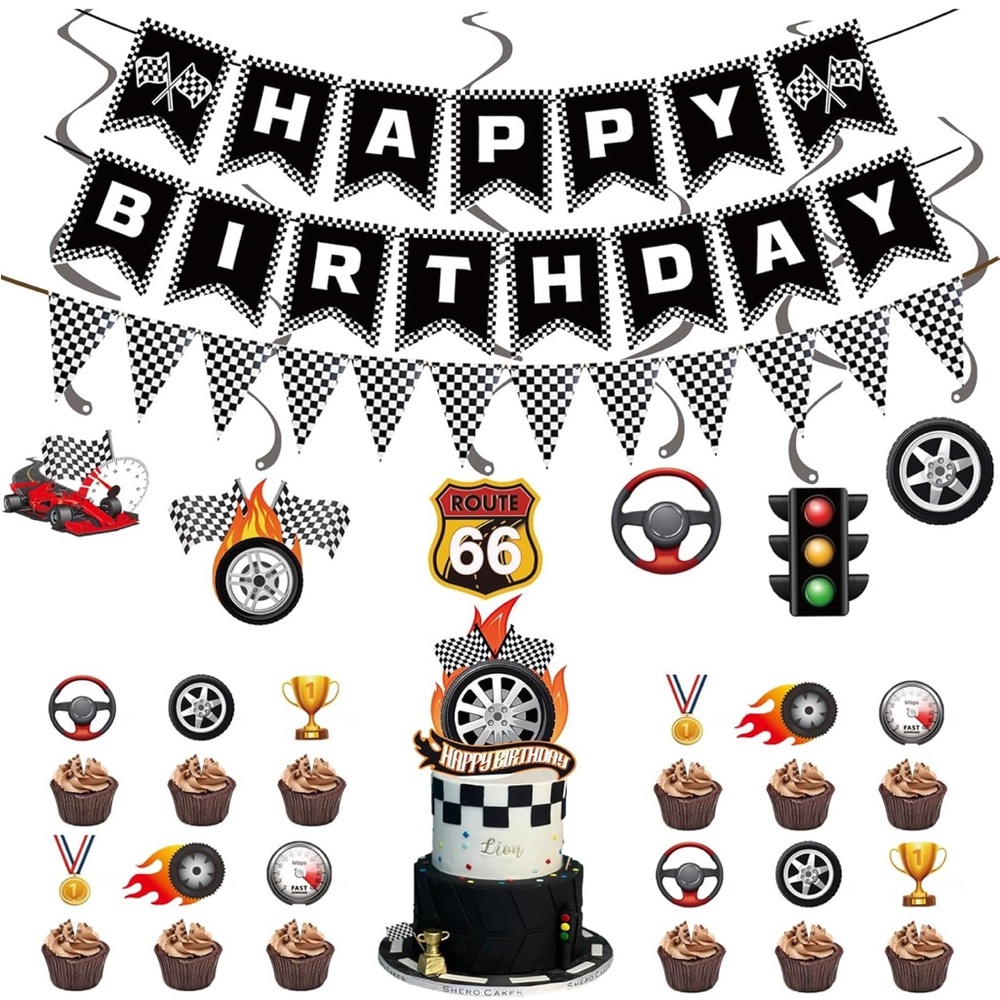 Birthday Race Car Nascar Talladega Checkered Flag Cake Banner Decor Party Set